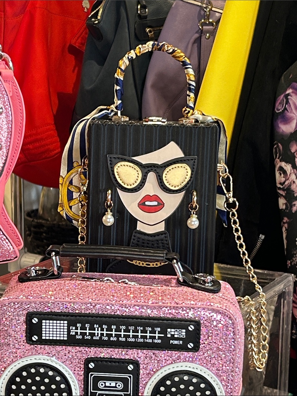 Bundle Pink/Black Novelty Crossbody Bags Betsey Johnson Potion/Lady/Boombox New - Picture 4 of 7